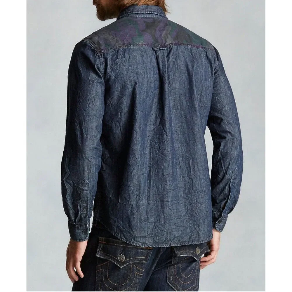 New Mens NWT True Religion Jeans Designer Denim Camo Shirt Button Down L Blue